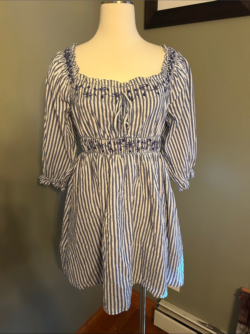 American Eagle Outfitters Blue and White Striped Peasant Dress